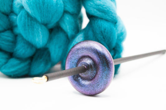 Beginner Learn To Spin Kit - Electric Night Midi Lace Weight Top or Bottom Drop Spindle - Red Violet Blue Shifting Colors - Teal