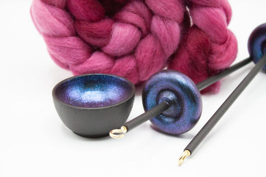 Complete Beginner Electric Night Drop Spindle Spinning Kit - Midi Size Pink - Top Whorl, Bottom Whorl, Supported, and Roving