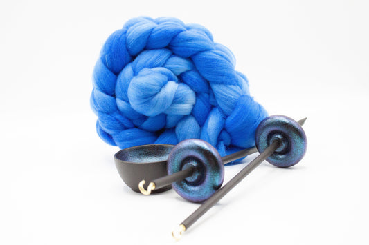 Complete Beginner Mermaid Drop Spindle Spinning Kit - Midi Size Blue- Top Whorl, Bottom Whorl, Supported, and Roving