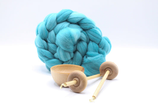 Complete Beginner Drop Spindle Spinning Kit - Mini Size Teal - Learn To Spin - Top Whorl, Bottom Whorl, Supported, and Roving