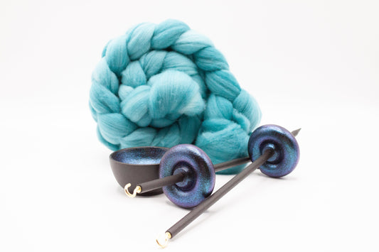 Complete Beginner Mermaid Drop Spindle Spinning Kit - Midi Size Teal - Top Whorl, Bottom Whorl, Supported, and Roving