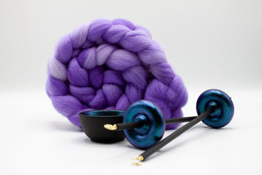 Complete Beginner Mermaid Drop Spindle Spinning Kit - Midi Size Purple - Top Whorl, Bottom Whorl, Supported, and Roving