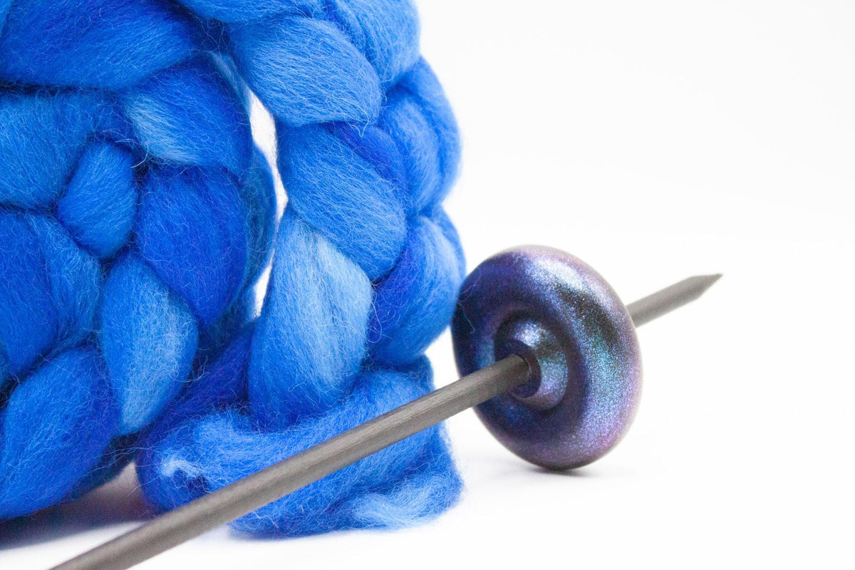 Beginner Learn To Spin Kit - Electric Night Midi Lace Weight Top or Bottom Drop Spindle - Red Violet Blue Shifting Colors - Sapphire