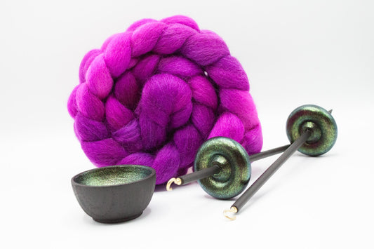 Complete Beginner Emerald Dragon Drop Spindle Spinning Kit - Midi Size Berry Crush - Top Whorl, Bottom Whorl, Supported, and Roving