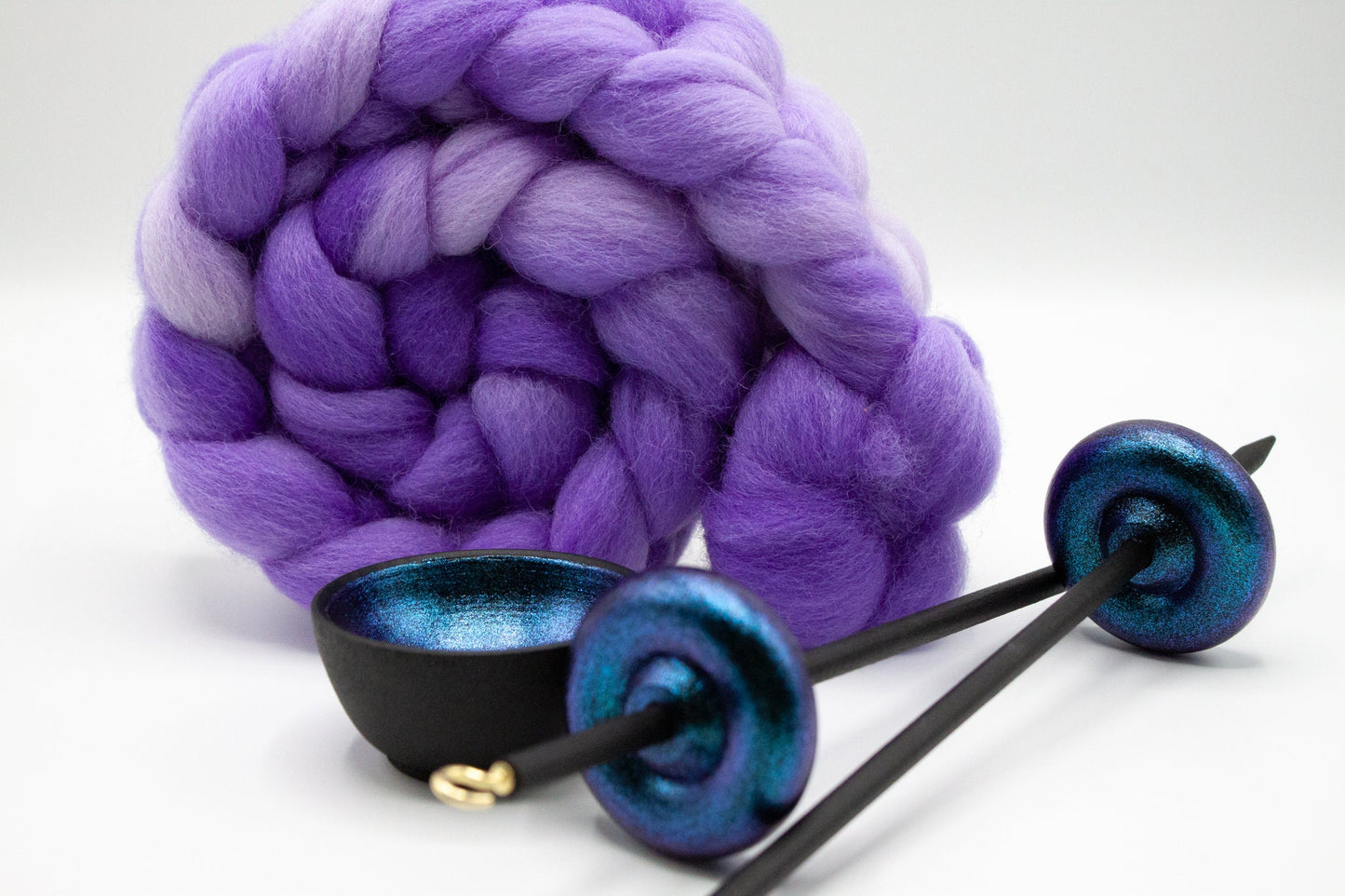 Complete Beginner Mermaid Drop Spindle Spinning Kit - Midi Size Purple - Top Whorl, Bottom Whorl, Supported, and Roving