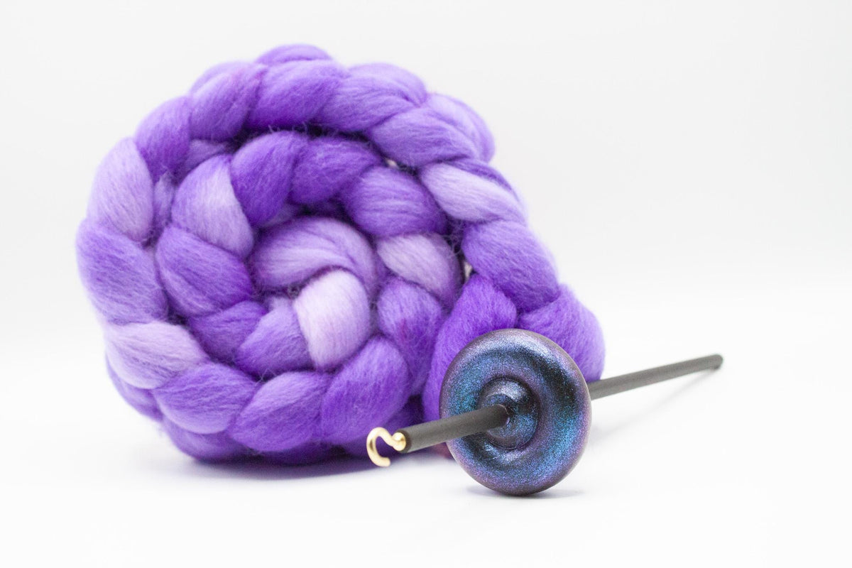 Beginner Learn To Spin Kit - Electric Night Midi Lace Weight Top or Bottom Drop Spindle - Red Violet Blue Shifting Colors - Purple