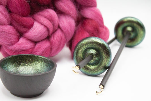 Complete Beginner Emerald Dragon Drop Spindle Spinning Kit - Midi Size Pink - Top Whorl, Bottom Whorl, Supported, and Roving