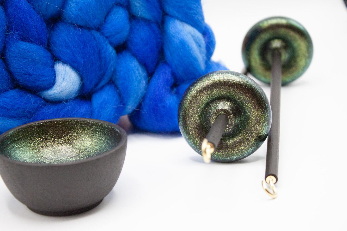 Complete Beginner Emerald Dragon Drop Spindle Spinning Kit - Midi Size Blue- Top Whorl, Bottom Whorl, Supported, and Roving