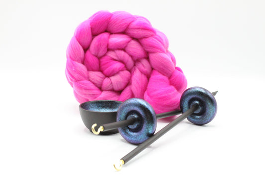 Complete Beginner Mermaid Drop Spindle Spinning Kit - Midi Size Pink - Top Whorl, Bottom Whorl, Supported, and Roving