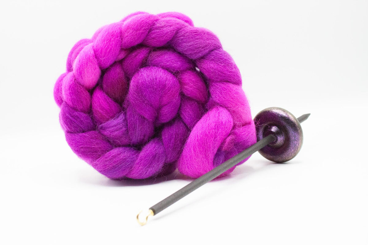 Beginner Learn To Spin Kit - Sunset Midi Lace Weight Top or Bottom Drop Spindle - Red Violet Blue Shifting Colors - Berry Crush
