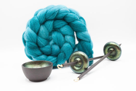 Complete Beginner Emerald Dragon Drop Spindle Spinning Kit - Midi Size Teal - Top Whorl, Bottom Whorl, Supported, and Roving