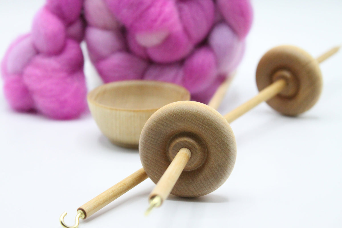 Beginners Spinning Lace Weight Complete Kit - Learn To Spin - Top Whorl, Bottom Whorl, Supported, and Roving - Berry Crush