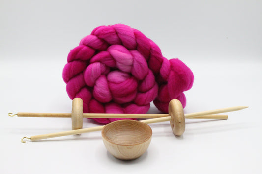 Beginners Lace Weight Complete Drop Spindle Kit - Pink - Top Whorl, Bottom Whorl, Supported, and Roving