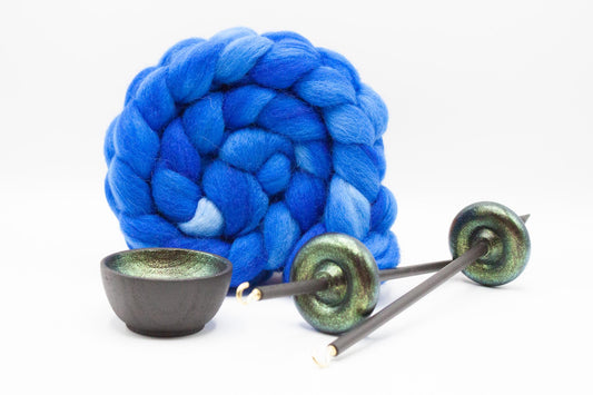 Complete Beginner Emerald Dragon Drop Spindle Spinning Kit - Midi Size Blue- Top Whorl, Bottom Whorl, Supported, and Roving