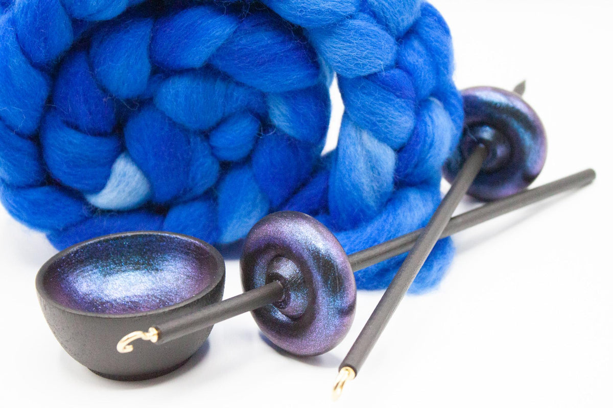 Complete Beginner Electric Night Drop Spindle Spinning Kit - Midi Size Blue- Top Whorl, Bottom Whorl, Supported, and Roving
