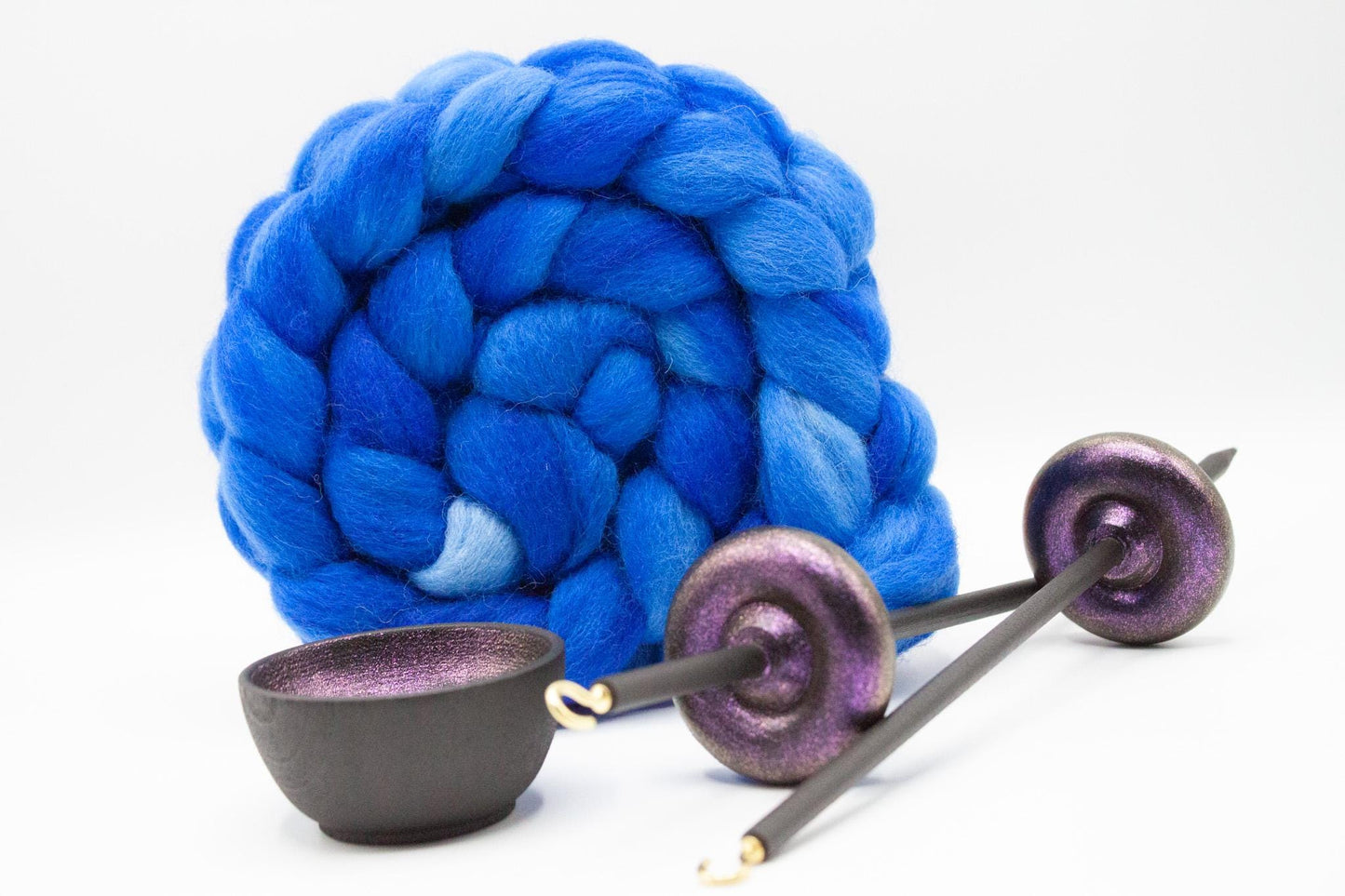 Complete Beginner Sunset Drop Spindle Spinning Kit - Midi Size Blue- Top Whorl, Bottom Whorl, Supported, and Roving