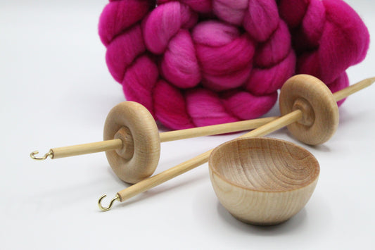 Complete Beginner Drop Spindle Kit - Midi Kit Pink - Top Whorl, Bottom Whorl, Supported and Roving