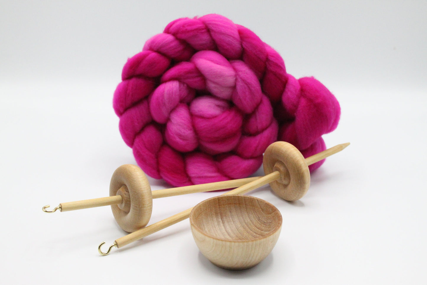 Complete Beginner Drop Spindle Kit - Midi Kit Pink - Top Whorl, Bottom Whorl, Supported and Roving