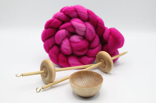 Complete Beginner Drop Spindle Kit - Midi Kit Pink - Top Whorl, Bottom Whorl, Supported and Roving