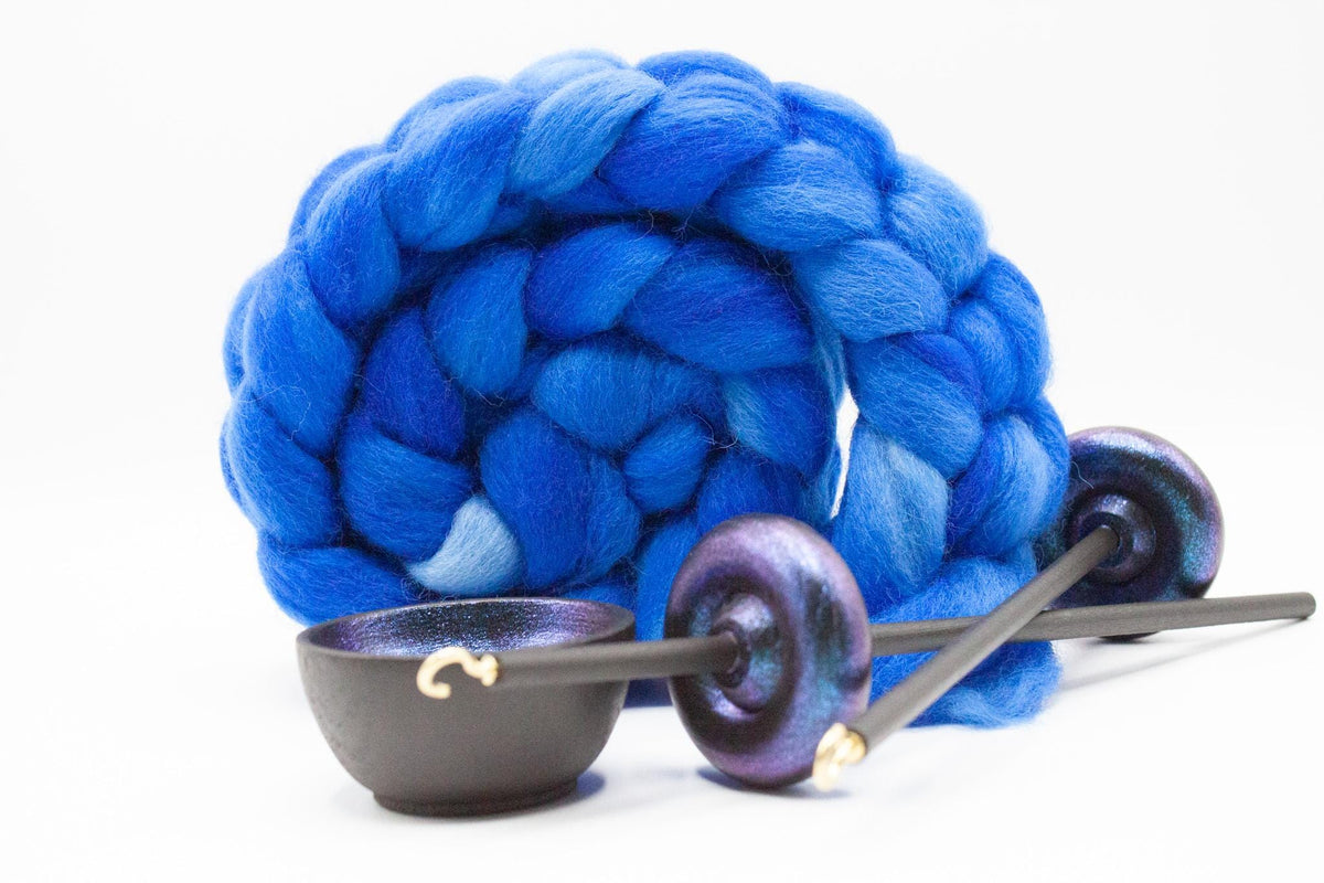 Complete Beginner Electric Night Drop Spindle Spinning Kit - Midi Size Blue- Top Whorl, Bottom Whorl, Supported, and Roving