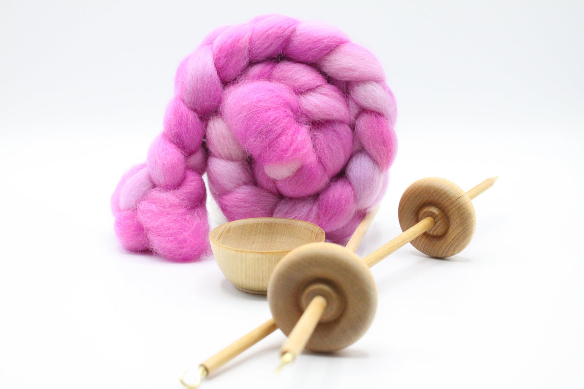 Beginners Spinning Lace Weight Complete Kit - Learn To Spin - Top Whorl, Bottom Whorl, Supported, and Roving - Berry Crush