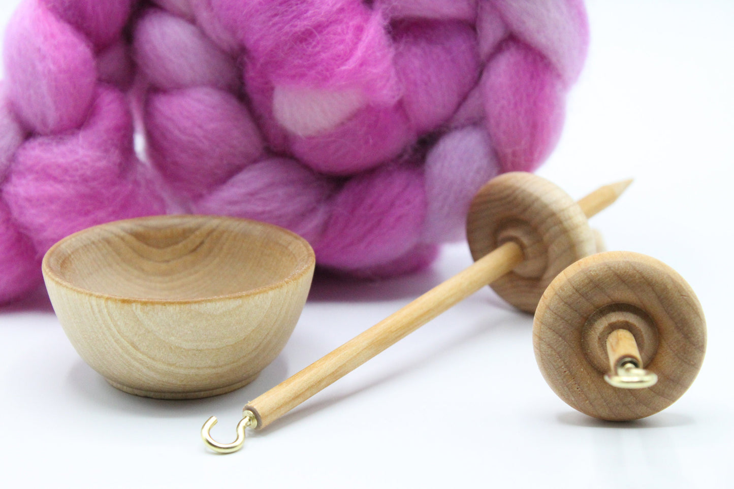 Complete Beginner Drop Spindle Spinning Kit - Mini Size Purple - Top Whorl, Bottom Whorl, Supported, and Roving