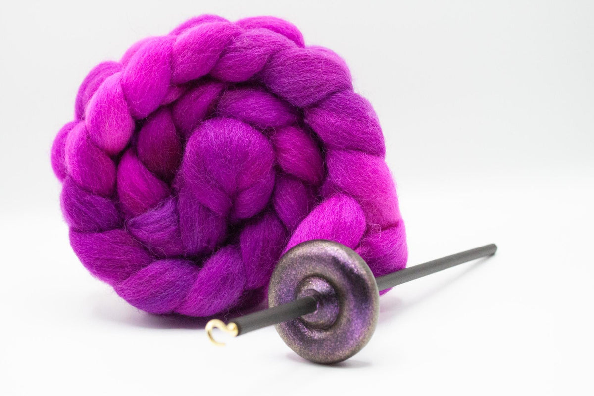 Beginner Learn To Spin Kit - Sunset Midi Lace Weight Top or Bottom Drop Spindle - Red Violet Blue Shifting Colors - Berry Crush