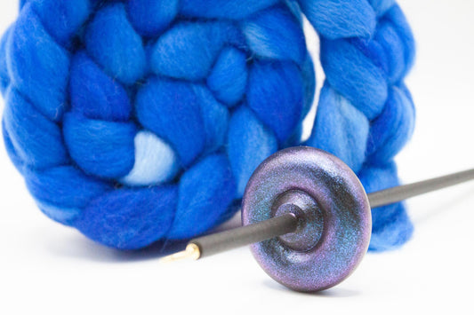Beginner Learn To Spin Kit - Electric Night Midi Lace Weight Top or Bottom Drop Spindle - Red Violet Blue Shifting Colors - Sapphire