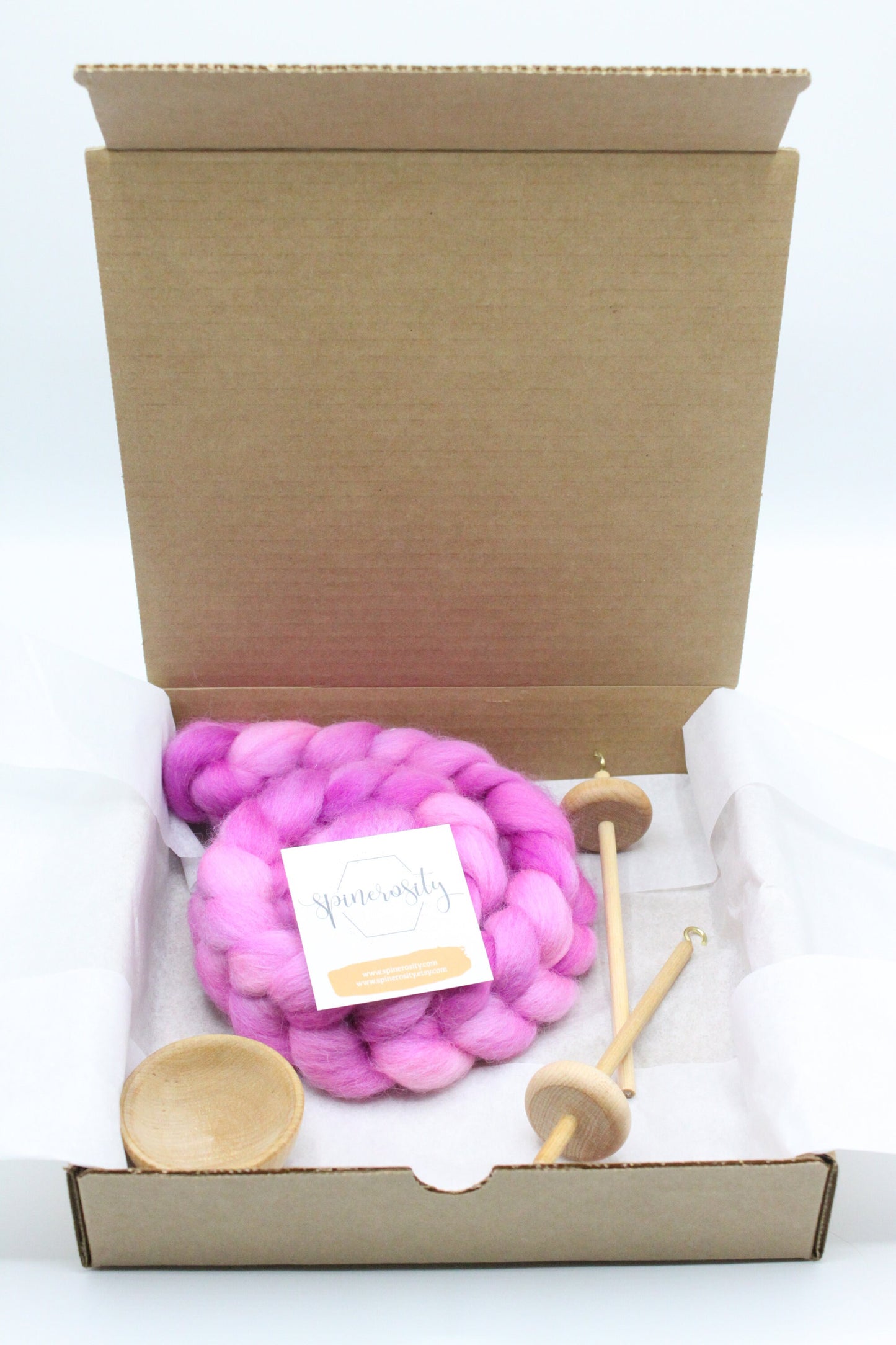 Complete Beginner Drop Spindle Spinning Kit - Mini Size Purple - Top Whorl, Bottom Whorl, Supported, and Roving
