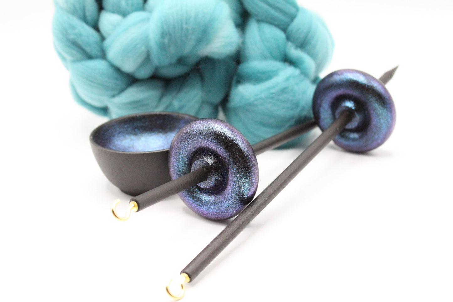 Complete Beginner Mermaid Drop Spindle Spinning Kit - Midi Size Teal - Top Whorl, Bottom Whorl, Supported, and Roving
