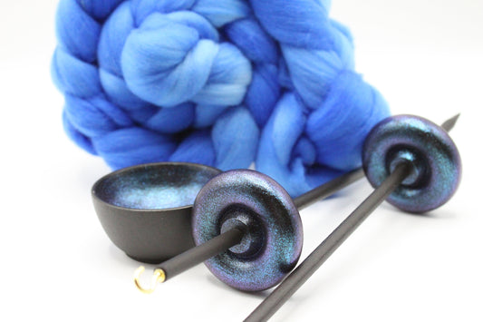 Complete Beginner Mermaid Drop Spindle Spinning Kit - Midi Size Blue- Top Whorl, Bottom Whorl, Supported, and Roving