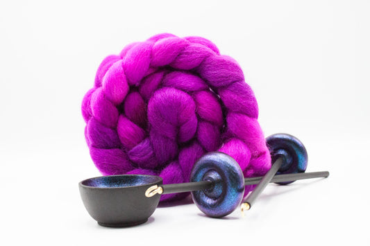 Complete Beginner Electric Night Drop Spindle Spinning Kit - Midi Size Berry Crush - Top Whorl, Bottom Whorl, Supported, and Roving
