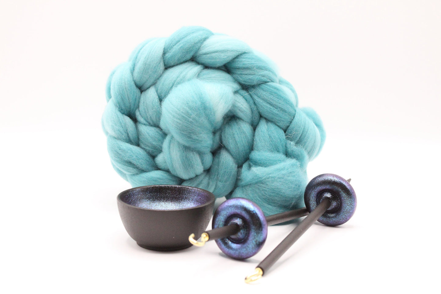 Complete Beginner Mermaid Drop Spindle Spinning Kit - Mini Size Teal - Top Whorl, Bottom Whorl, Supported, and Roving