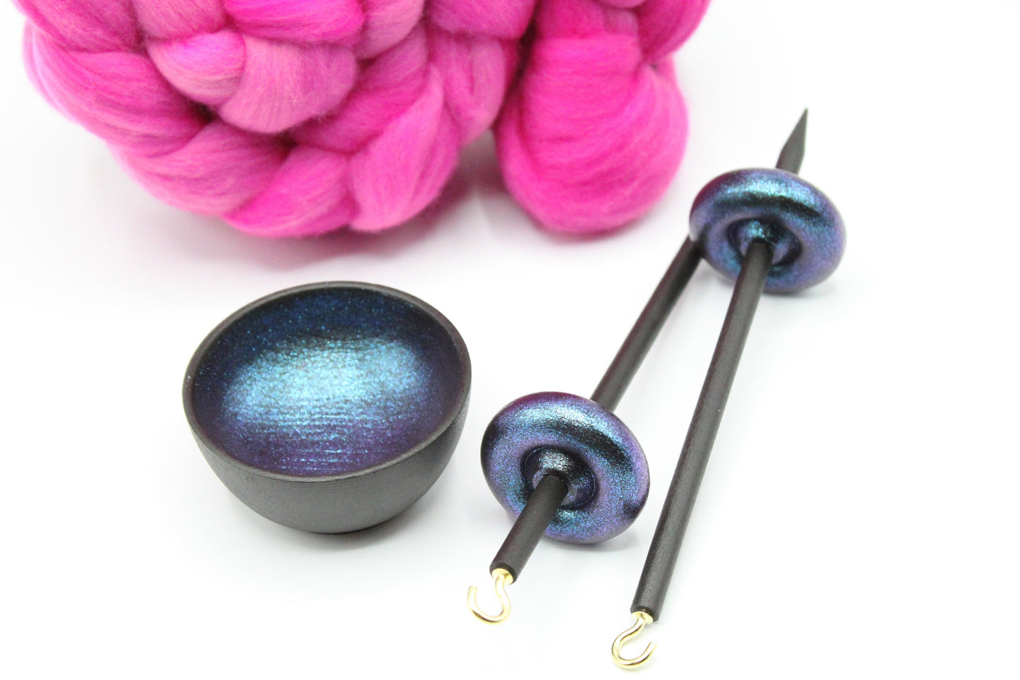 Complete Beginner Mermaid Drop Spindle Spinning Kit - Mini Size Pink - Top Whorl, Bottom Whorl, Supported, and Roving