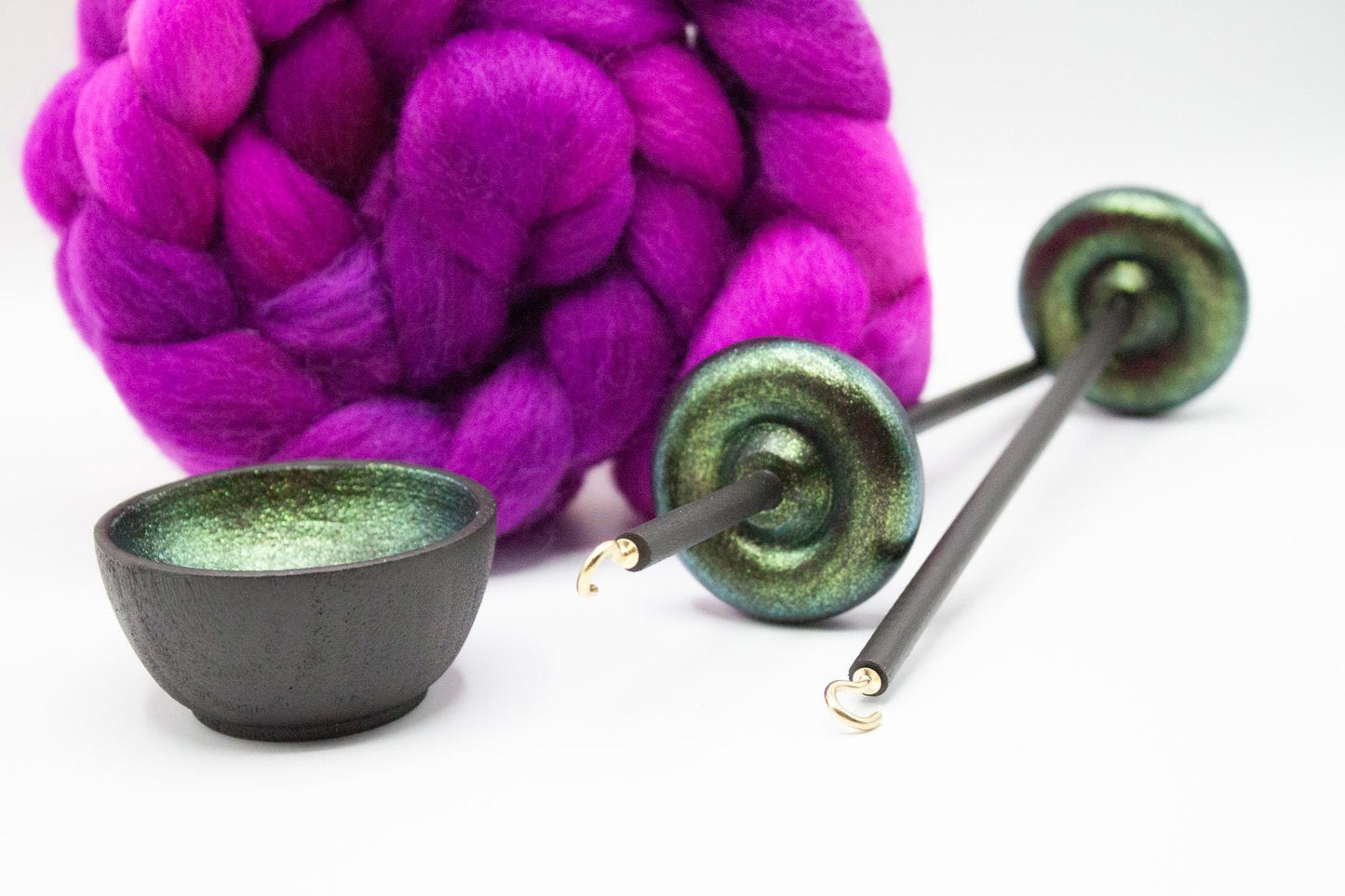 Complete Beginner Emerald Dragon Drop Spindle Spinning Kit - Midi Size Berry Crush - Top Whorl, Bottom Whorl, Supported, and Roving