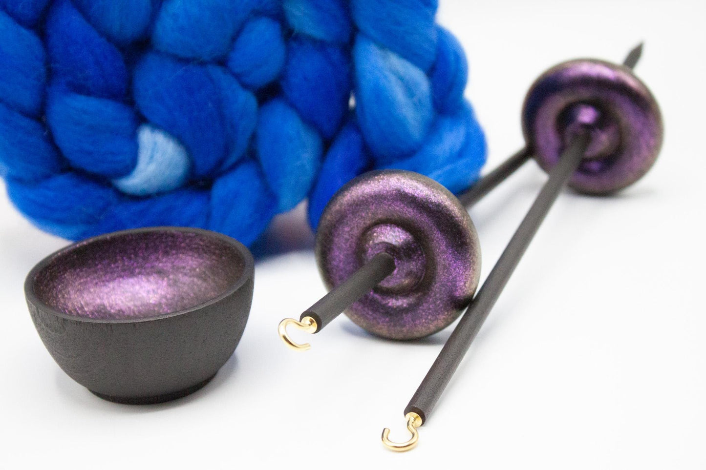 Complete Beginner Sunset Drop Spindle Spinning Kit - Midi Size Blue- Top Whorl, Bottom Whorl, Supported, and Roving