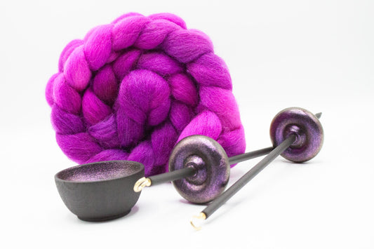 Complete Beginner Sunset Drop Spindle Spinning Kit - Midi Size Berry Crush - Top Whorl, Bottom Whorl, Supported, and Roving