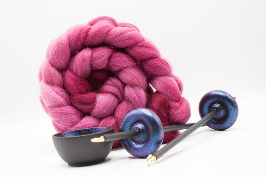 Complete Beginner Electric Night Drop Spindle Spinning Kit - Midi Size Pink - Top Whorl, Bottom Whorl, Supported, and Roving
