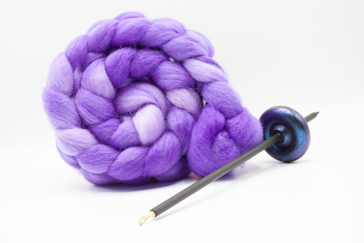 Beginner Learn To Spin Kit - Electric Night Midi Lace Weight Top or Bottom Drop Spindle - Red Violet Blue Shifting Colors - Purple