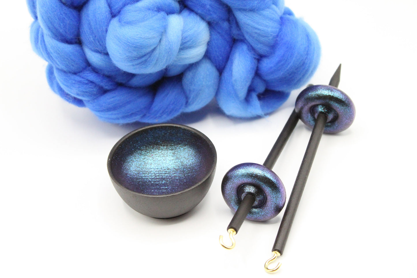 Complete Beginner/Learn To Spin Mermaid Drop Spindle Spinning Kit - Mini Size Blue- Top Whorl, Bottom Whorl, Supported, and Roving