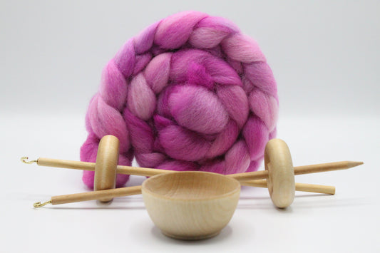 Complete Beginner Drop Spindle Kit - Midi Kit Purple - Top Whorl, Bottom Whorl, Supported and Roving