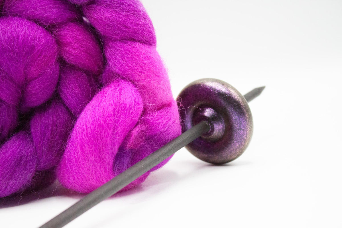 Beginner Learn To Spin Kit - Sunset Midi Lace Weight Top or Bottom Drop Spindle - Red Violet Blue Shifting Colors - Berry Crush