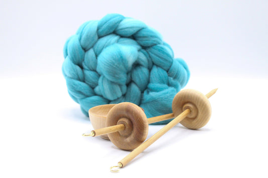 Complete Beginner Drop Spindle Kit - Midi Kit Teal - Top Whorl, Bottom Whorl, Supported and Roving