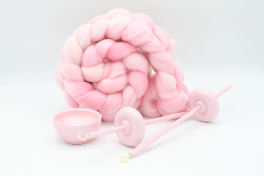 Complete Beginner Pastel Pink Drop Spindle Spinning Kit - Midi Size - Top Whorl, Bottom Whorl, Supported, and Roving
