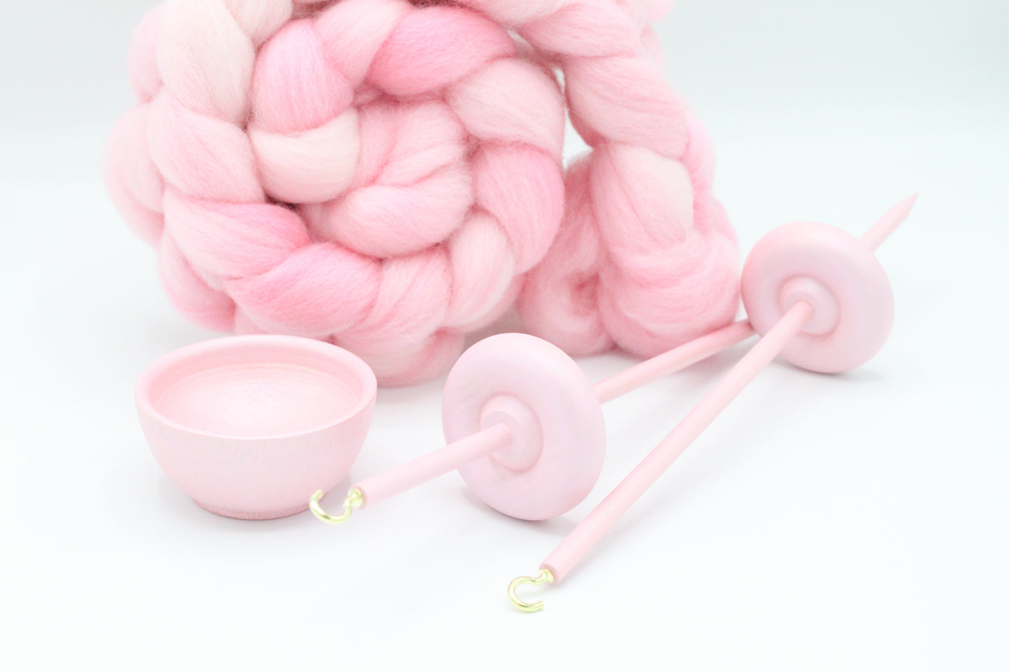 Complete Beginner Pastel Pink Drop Spindle Spinning Kit - Midi Size - Top Whorl, Bottom Whorl, Supported, and Roving