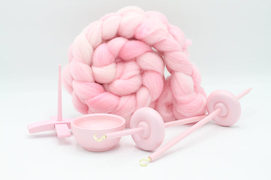 Ultimate Beginner Pastel Pink Drop Spindle Kit - Midi Size - Top Bottom Supported Turkish - Learn To Spin Kit