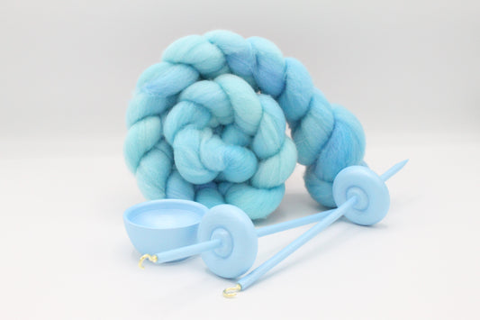 Complete Beginner Pastel Blue Drop Spindle Spinning Kit - Midi Size - Top Whorl, Bottom Whorl, Supported, and Roving