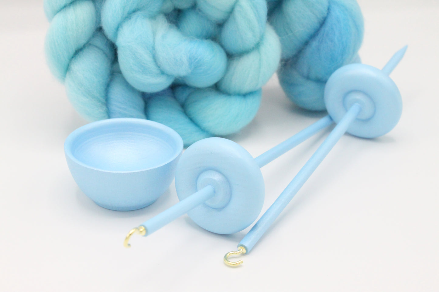 Complete Beginner Pastel Blue Drop Spindle Spinning Kit - Midi Size - Top Whorl, Bottom Whorl, Supported, and Roving