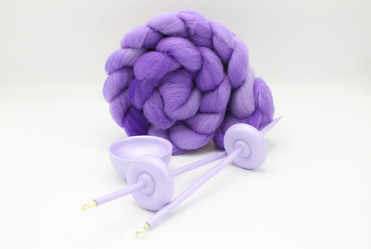 Complete Beginner Pastel Purple Drop Spindle Spinning Kit - Midi Size - Top Whorl, Bottom Whorl, Supported, and Roving