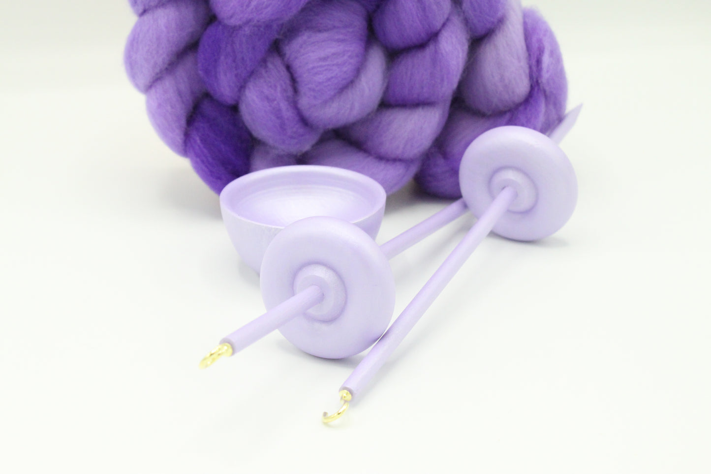 Complete Beginner Pastel Purple Drop Spindle Spinning Kit - Midi Size - Top Whorl, Bottom Whorl, Supported, and Roving